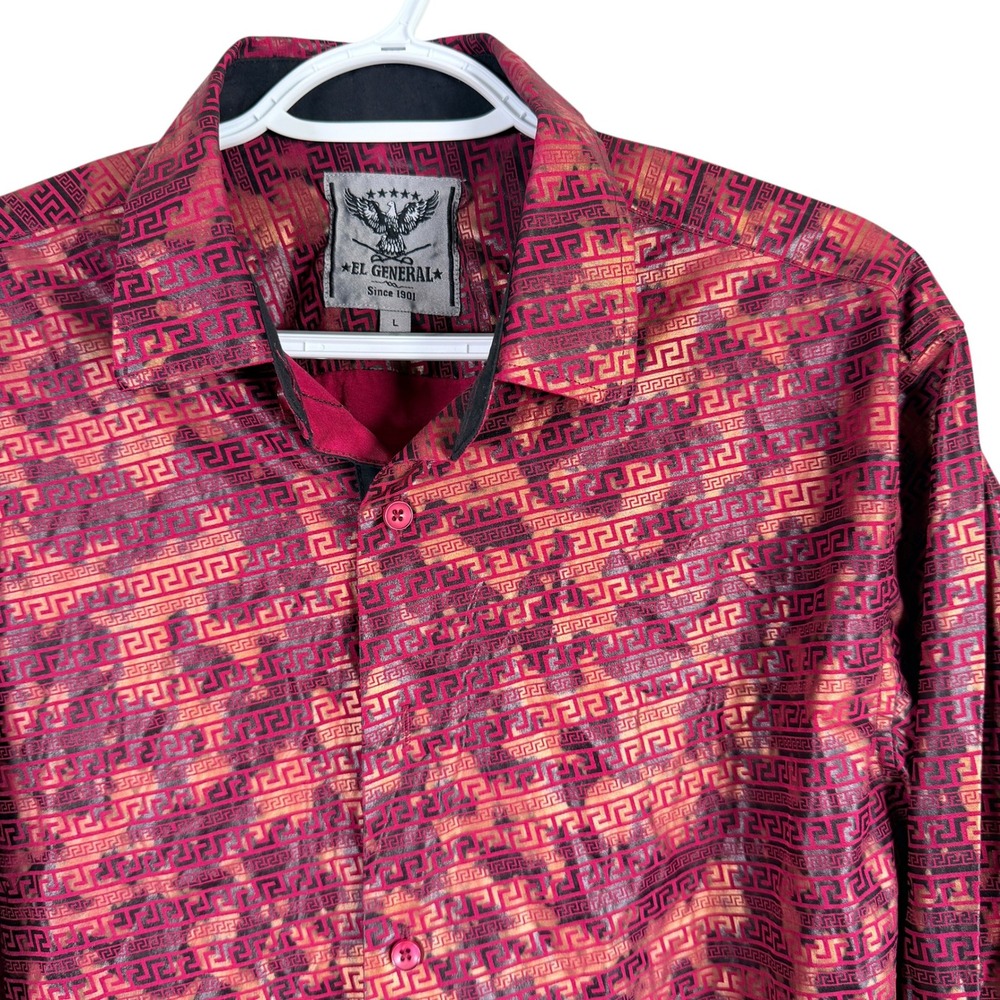 El General Cowboy Shirt Button Up Mens L Burgundy Gold Greek Key Metallic read